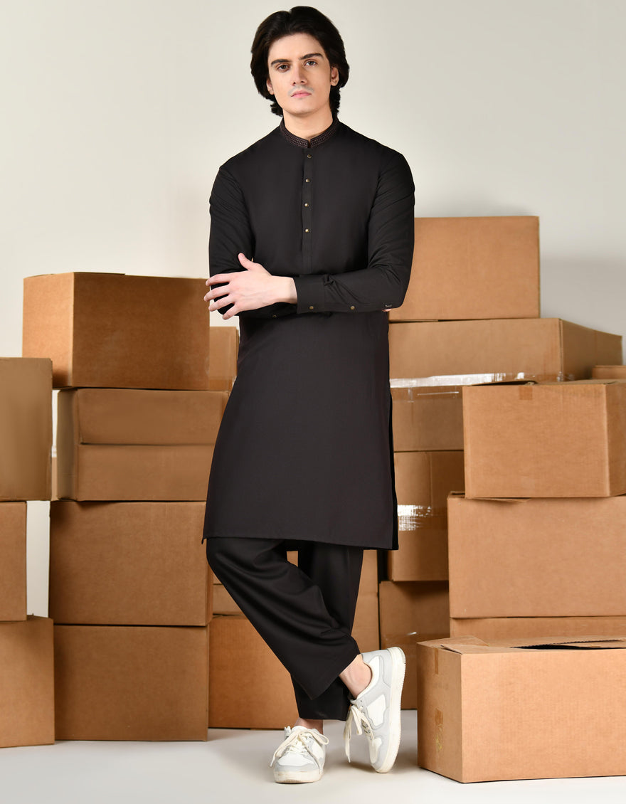 Junaid Jamshed Navy Blue Blended Kameez Shalwar | Jtks-A-40198