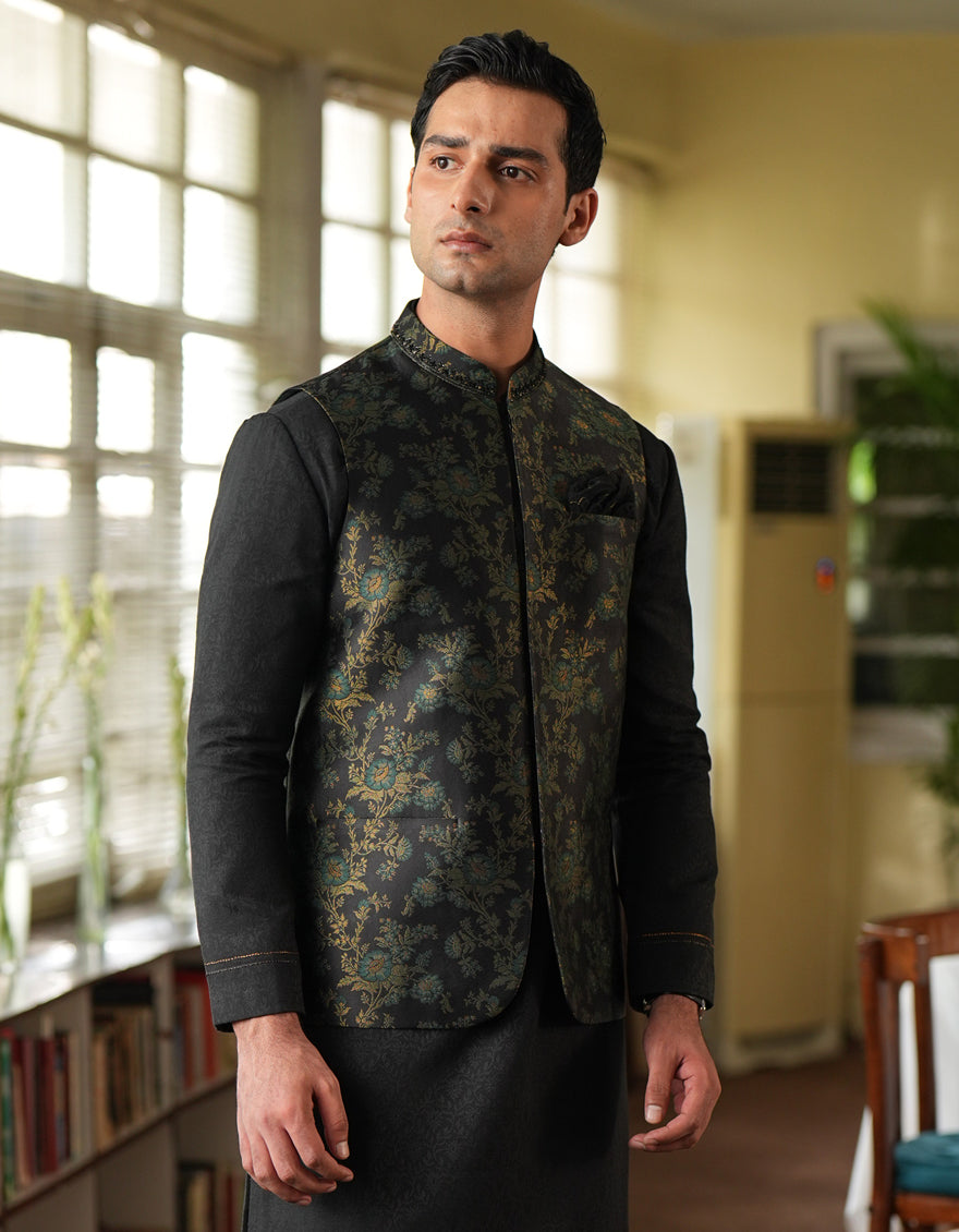 Black Pathani Suit Waistcoat Elegant Black Jacket Black Shalwar