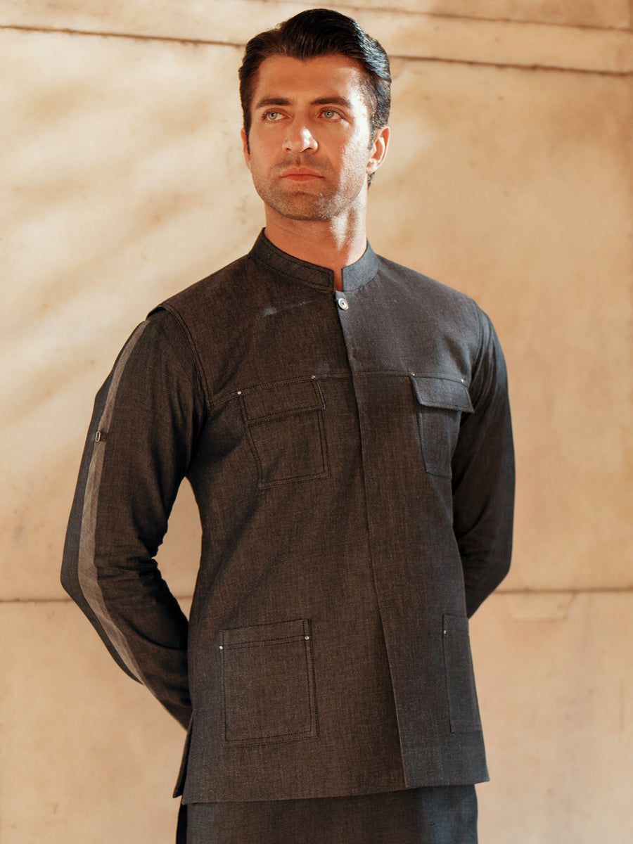CHARCOAL GREY COTTON WAISTCOAT | AL-WC-542/AM-6237B – J. Junaid Jamshed US