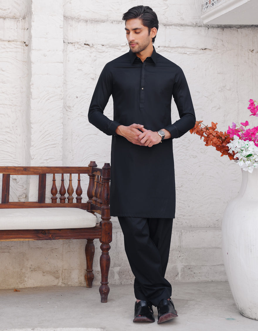 BLACK COTTON KAMEEZ SHALWAR | JJKS-A-33337/S25/JJ9832-CL – J. Junaid ...
